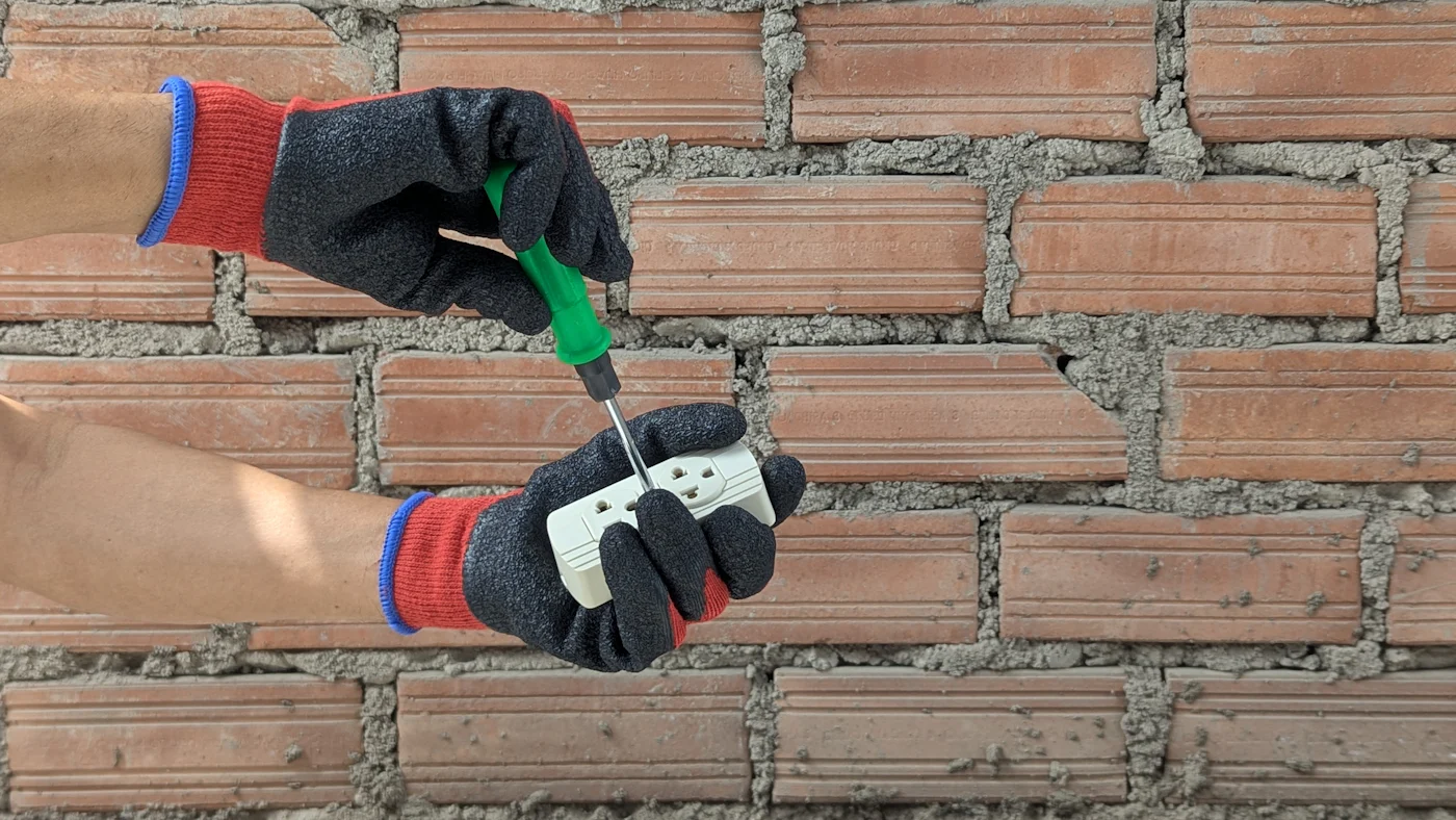 Gloved hands using a screwdriver on a light switch